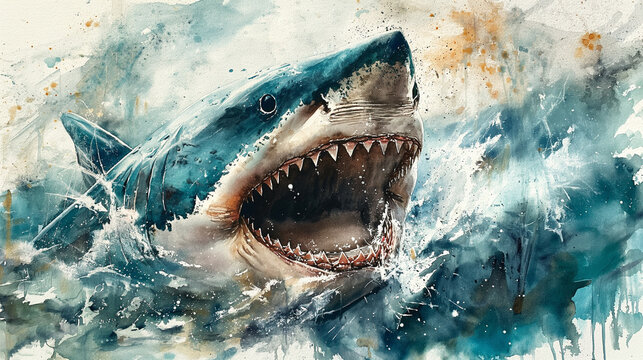 A watercolor painting of an aggressive shark with its mouth open, in the ocean, splashes and waves around it, Generative AI