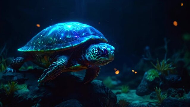 This video shows a green sea turtle swimming in a dark blue ocean, with its shell glowing in rainbow colors.