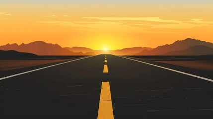 Illustration of a long desert road leading to the setting sun, surrounded by red rock formations and orange skies.