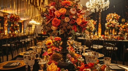 Glamorous event with gold themed decorations and table settings