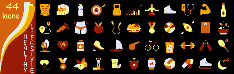 Bright icons of the basis of health. Sports and physical exercises. Healthy Lifestyle.