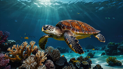 Obraz premium stunning giant turtle swim in the underwater