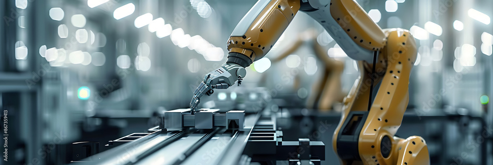 Poster robotic arm in industrial setting automating assembly line in manufacturing facility. concept roboti