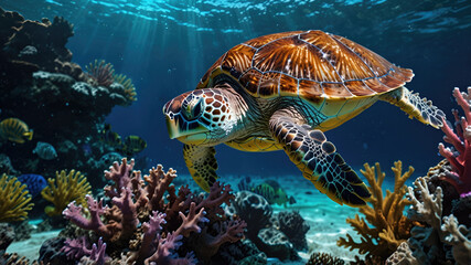 Obraz premium stunning giant turtle swim in the underwater