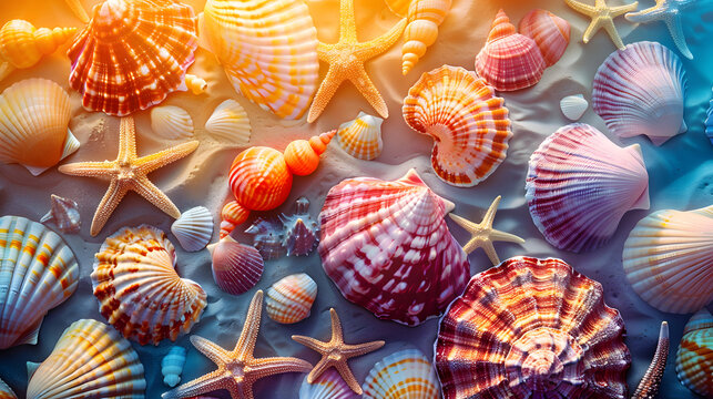 very beautiful seashells seashells of different colors. Creative banner.