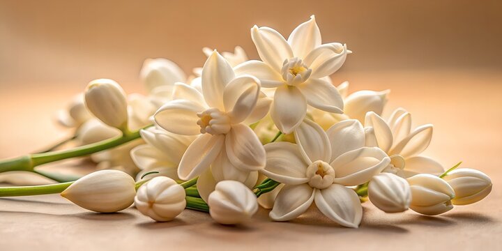 Delicate white mogra flower buds unfurl on beige background, showcasing intricate details and subtle sheen, evoking serenity and elegance in this intimate still life composition.