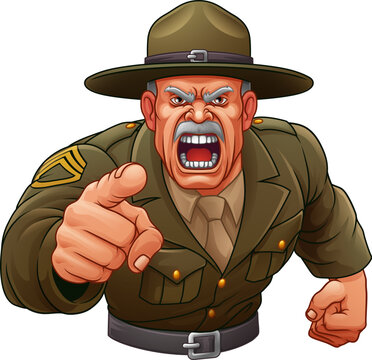 An angry drill instructor or sergeant bootcamp army soldier cartoon character