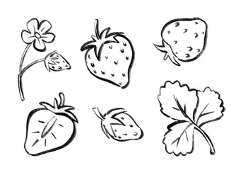 Strawberries and greens hand drawn black monochrome doodle set. Isolated brush painted plant collection on transparent background. Printable illustration for stickers, decoration or web design.