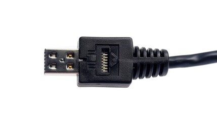 Ethernet cable connector closeup view on white background