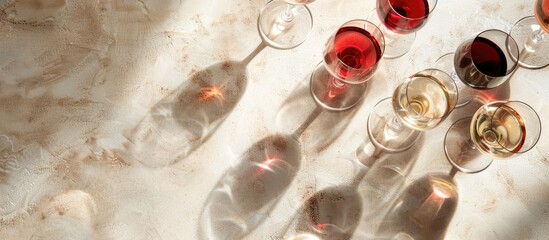 Concept of wine tasting with an arrangement of red, pink, and white wine glasses under sunny lighting. Overhead view with space for text, in a banner format.