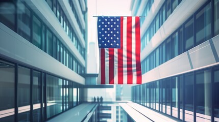 An American flag hanging from a modern, minimalist building in a tech-savvy city.