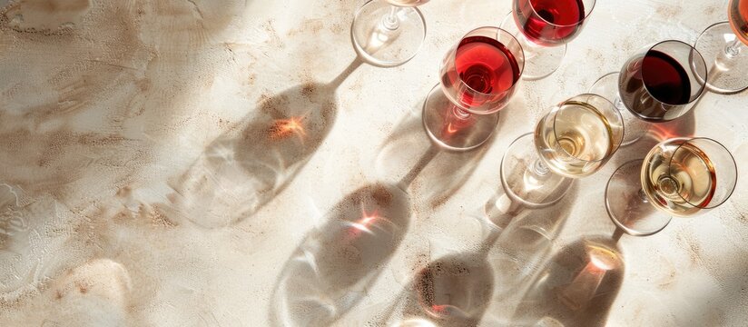Concept of wine tasting with an arrangement of red, pink, and white wine glasses under sunny lighting. Overhead view with space for text, in a banner format.