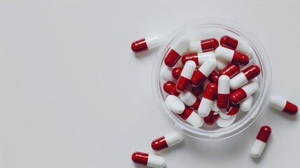 White and red pills in plastic container on white background with copy space medication idea