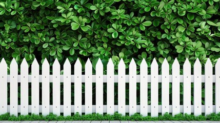 Fototapeta premium A white picket fence lines a manicured green hedge, creating a beautiful border between a private property and the public sidewalk.