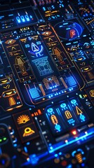 Close-up shot of a space shuttle cockpit with ancient Egyptian hieroglyphs etched into the control panel