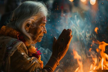 Obraz premium Elderly woman in traditional attire engaged in prayer ceremony by a fire, displaying rich cultural heritage and devotion.