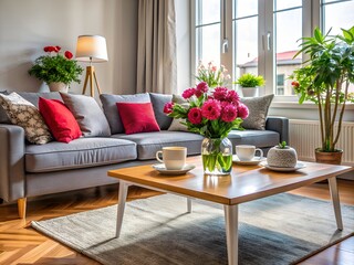 Cozy living room interior with a plush gray sofa, vibrant flower pot on the coffee table, and modern decor, evoking a sense of warmth and serenity.