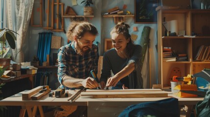 Obraz premium Couple working together on a woodworking project in a cozy workshop, surrounded by tools and materials.
