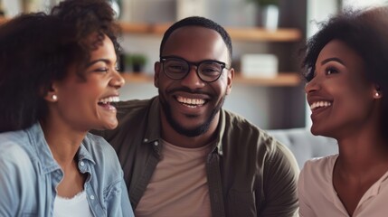 Three friends sharing a joyful moment indoors, smiling and laughing together, creating a warm and happy atmosphere.