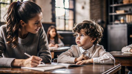 Child Listening to Teacher in Classroom: A child listening attentively to a teacher in a classroom, engaged in learning.	
