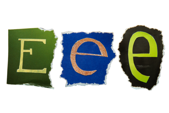 E alphabet torn from a magazine paper. Ransom note style letters.