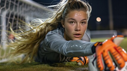 An action shot shows a female soccer player diving to make a save, with her long blonde hair flowing behind her and holding the ball in her hand