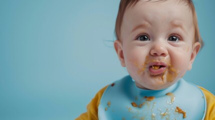 A close-up photo of a baby wearing a pastel blue silicone bib and happily eating with their mouth covered in food