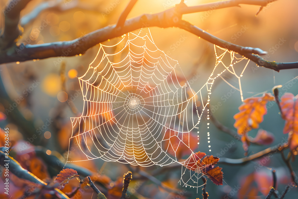 Wall mural spider web on autumn morning.
