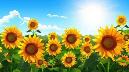 Fototapeta premium Vibrant Sunflower Field Under Sunny Blue Sky. Summer Landscape
