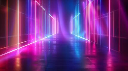 Explore a neon tunnel filled with vibrant colors, ideal for futuristic tech visuals and modern artistic ambiance