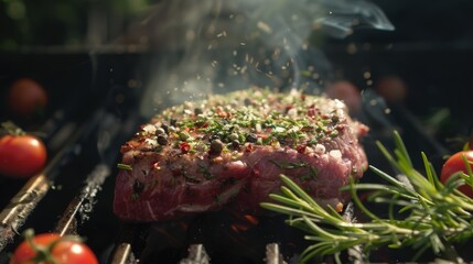 A steak being seasoned with herbs and spices before cooking on a hot grill, emphasizing culinary preparation.