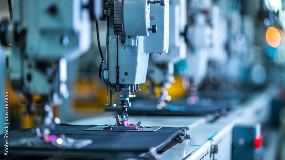 Poster a close-up view of a row of industrial sewing machines in a garment factory, showcasing the intricat