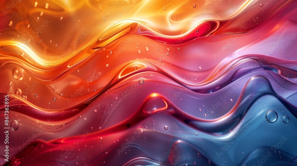 Poster a vibrant multicolored gradient wave texture with reflective surfaces, creating an abstract and flui