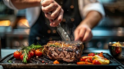 Naklejka premium A steakhouse chef preparing a grilled porterhouse steak with charred edges, served with grilled vegetables.