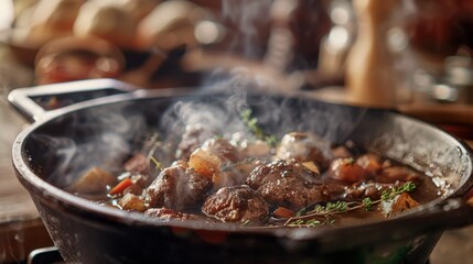 A close-up shot of a cast iron pot filled with steaming Coq au Vin, the rich, dark sauce bubbling and the chicken pieces submerged in the broth