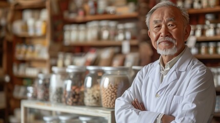 Portrait of a senior Chinese male, a famous traditional medicine shop owner, standing in his store in the style of by an artist