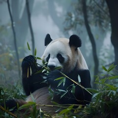 Fototapeta premium Serene Bamboo Feast: Panda in a Misty Forest