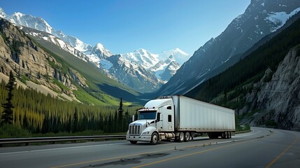 White semi truck with trailer driving on the highway road in the mountains, America concept