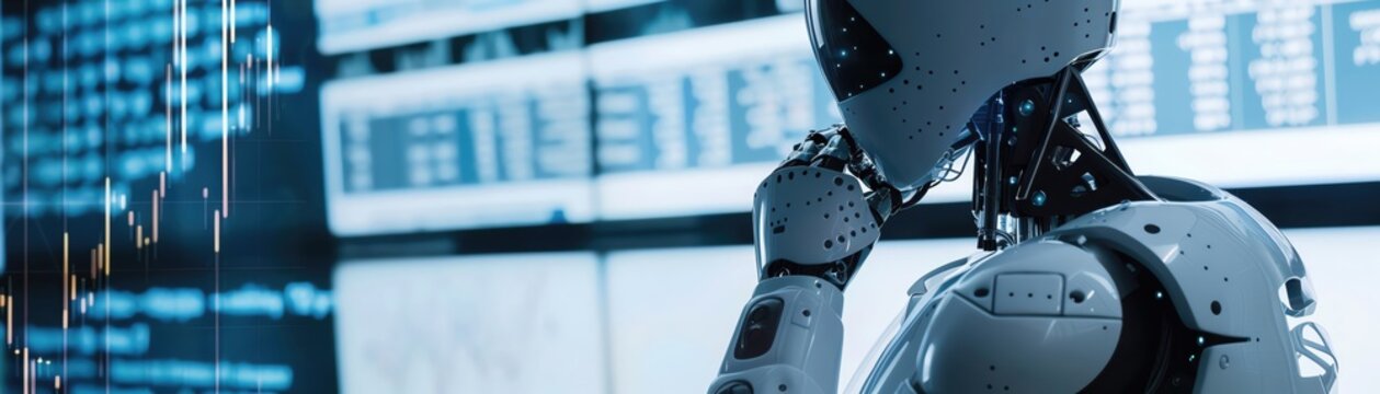 Humanoid robot with a code screen in the background.