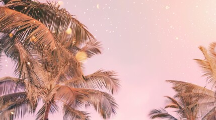 A panoramic view of palm trees with golden glitter against a pastel pink sky