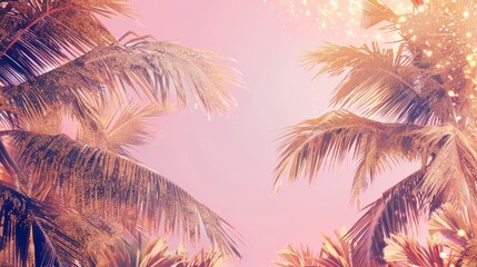 Obraz premium A panoramic view of palm tree fronds bathed in golden glitter against a backdrop of a pastel pink sky