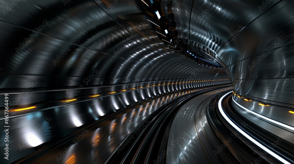 Poster dynamic curved tunnel with metallic design and vivid light trails creating a sci-fi and futuristic a