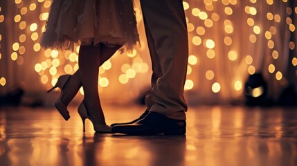 A close-up photo of a couples feet dancing at a high school prom, with soft bokeh lights in the background