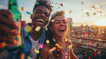 A group of friends enjoying a vibrant and joyful outdoor rooftop party with colorful decorations and flying confetti, captured by a wide-angle lens on a Canon EOS R5 camera.