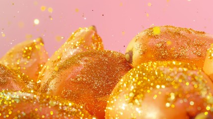 Closeup photo of papayas covered in golden glitter, set against a pastel pink sky background