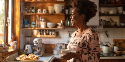A Brazilian lady holds a coffee mug and gazes contemplatively in her home kitchen while a mature African American woman stands by a breakfast table brimming with just-baked cheese rolls.