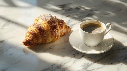 A close-up photo of a golden, flaky croissant beside a cup of coffee on a marble table. The light shines through a window, casting soft shadows on the surface