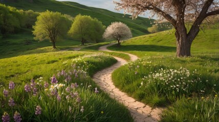Scenic spring countryside with rolling green hills, blossoming trees, and a tranquil river