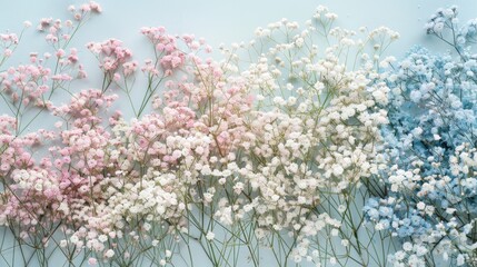 Overhead photo showcasing pastel-colored gypsophila flowers arranged in a bridal setting. The composition captures the flowers from above, creating a beautiful and delicate backdrop