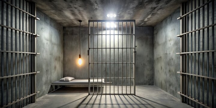 A bleak, isolated prison cell with metal bars, cold concrete walls, and a single flickering light bulb, conveying a sense of confinement and despair.